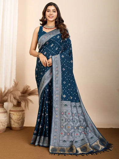 Bewitching Teal Blue Zari Weaving Silk Event Wear Saree With Blouse